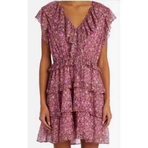 Marie Oliver Silk Metallic Floral Ruffle Tiered Mini Dress Pink Purple Small